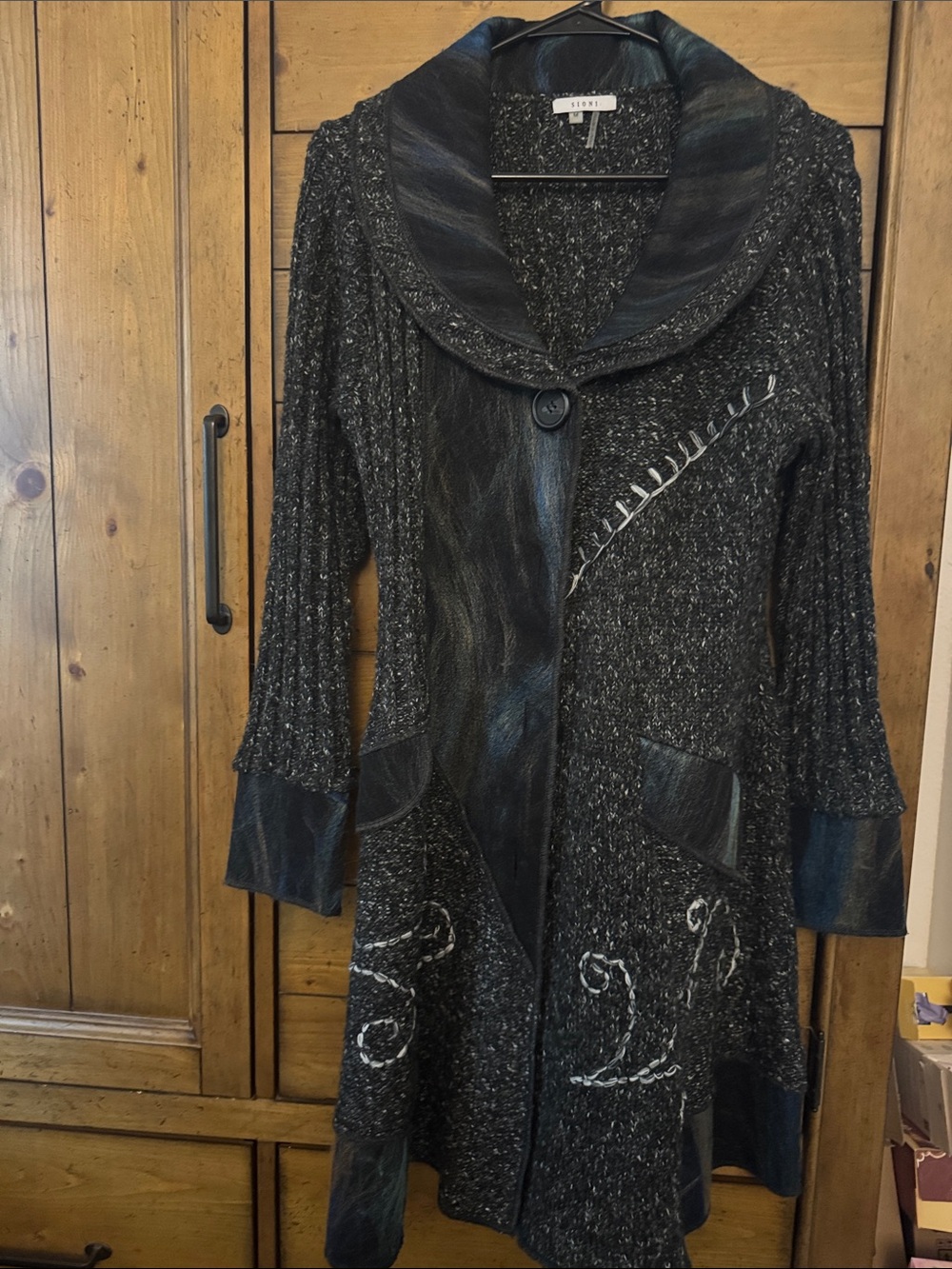 Sioni Black Textured Knit Trench Coat